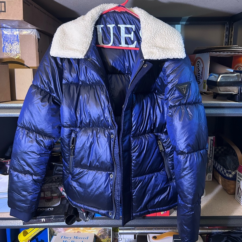 Guess Navy Puffer Jacket with Cream Collar